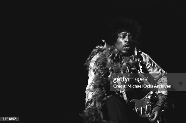 Jimi Hendrix performs on stage at the Monterey Pop Festival on June 18 1967 in Monterey, California.
