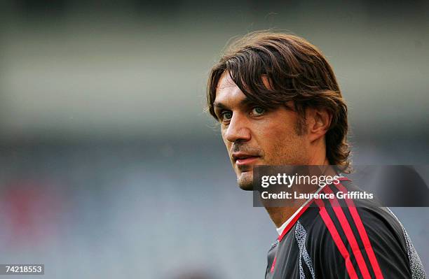 Paolo Maldini, the Milan captain looks on during an AC Milan training session prior to the UEFA Champions League Final between AC Milan and Liverpool...