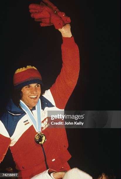 Eric Heiden celebrates as he wins his fifth gold medal of the 1980 Winter Olympics in February 1980 in Lake Placid, New York.