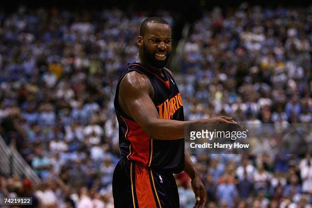 Baron Davis of the Golden State Warriors reacts to a call in Game Five of the Western Conference Semifinals against the Utah Jazz during the 2007 NBA...