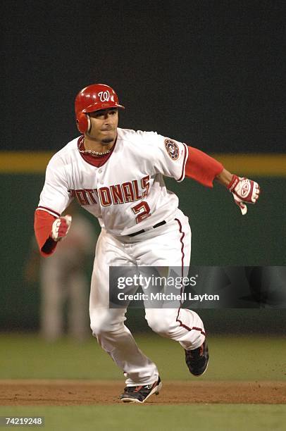 Felipe Lopez of the Washington Nationals leads off second base during a baseball game against the Atlanta Braves on May 18, 2007 at RFK Stadium in...