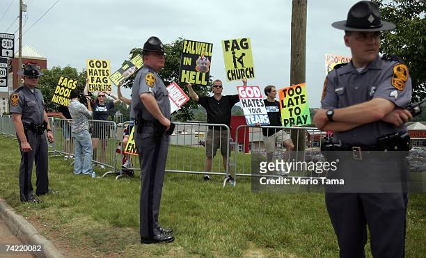 Westboro Baptist Church members protest outside the funeral of Rev. Jerry Falwell at the Thomas Road Baptist Church May 22, 2007 in Lynchburg,...