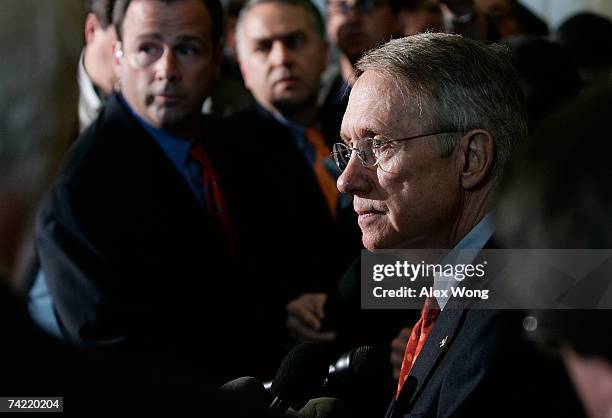 Senate Majority Leader Harry Reid talks to reporters after the weekly Democratic policy luncheon at the Capitol May 22, 2007 in Washington, DC. Reid...