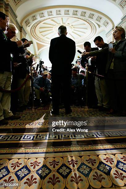 Senate Majority Leader Harry Reid talks to reporters after the weekly Democratic policy luncheon at the Capitol May 22, 2007 in Washington, DC. Reid...