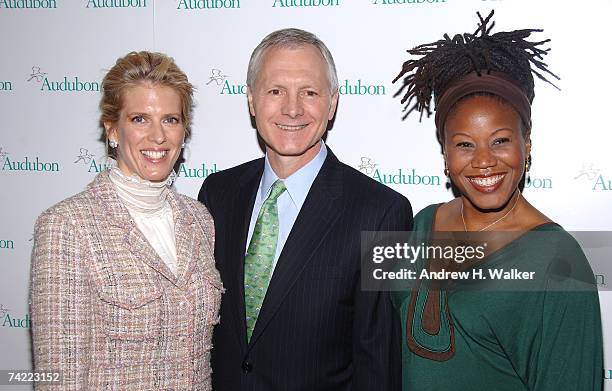 Honoree Deirdre Imus, CEO and president of the National Audubon Society John Flicker and honoree Marjora Carter attend the National Audubon Society's...