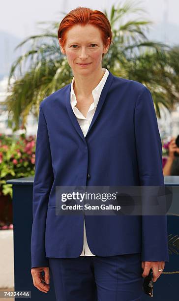 Actress Tilda Swinton attends a photocall promoting the film 'The Man from London' at the Palais des Festivals during the 60th International Cannes...