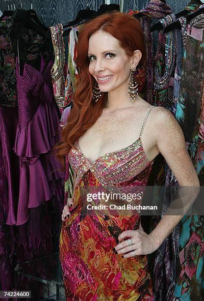 Actress Phoebe Price models Christophe Guillarme's 2007 collection between interviews for Fashion TV, MTV and Gala Magazine at designer Christophe...