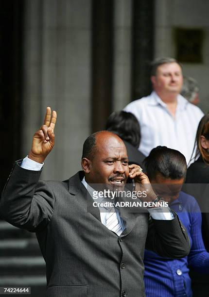 London, UNITED KINGDOM: Louis Olivier Bancoult, Chairman of the Chagos Refugees Group, celebrates outside The High Court in central London, 23 May...