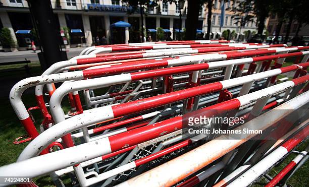 Police road blocks are stored at Promenadeplatz Square on May 23 in Munich, Germany. The G8 justice and interior minister meeting will take place at...