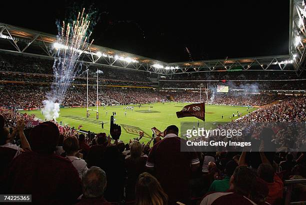 General view of Suncorp Stadium as the Maroons and the Blues run out onto the field for game one of the State of Origin series between the Queensland...