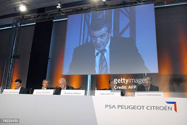 Chairman of the PSA Supervisory Board Thierry Peugeot and members of the managing board of French carmaker PSA Peugeot Citroen Gregoire Olivier,...