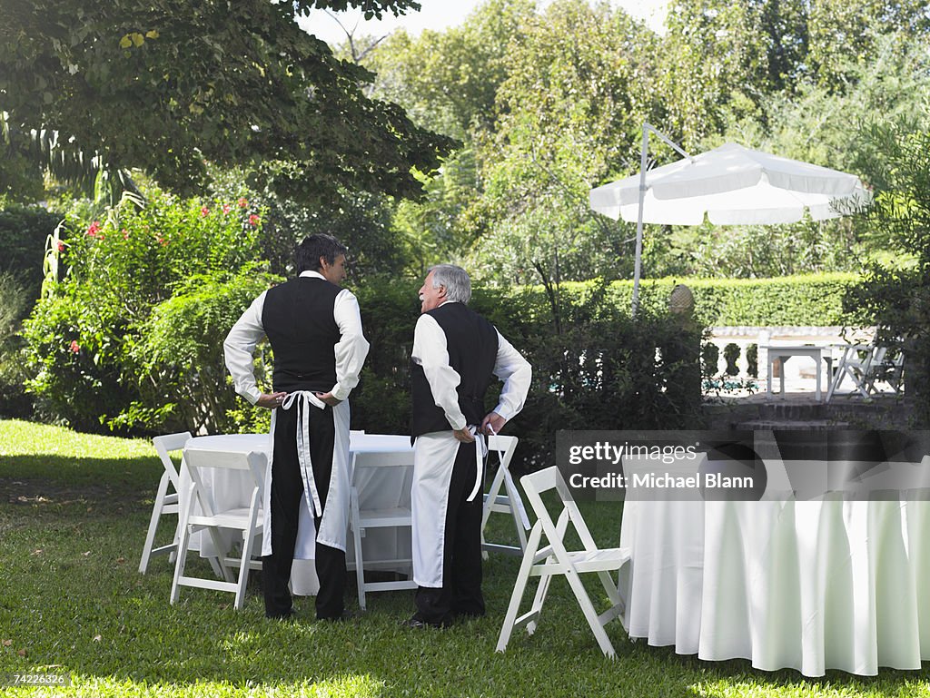 "Two men preparing garden party, rear view"