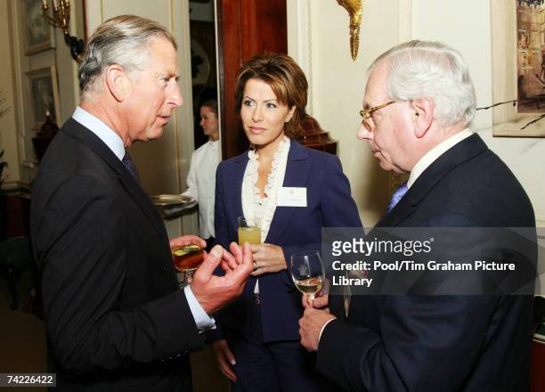 Prince Charles, Prince of Wales with Natasha Kaplinsky and David Starkey at a reception for the Royal Television Society at Clarence House on May 22,...