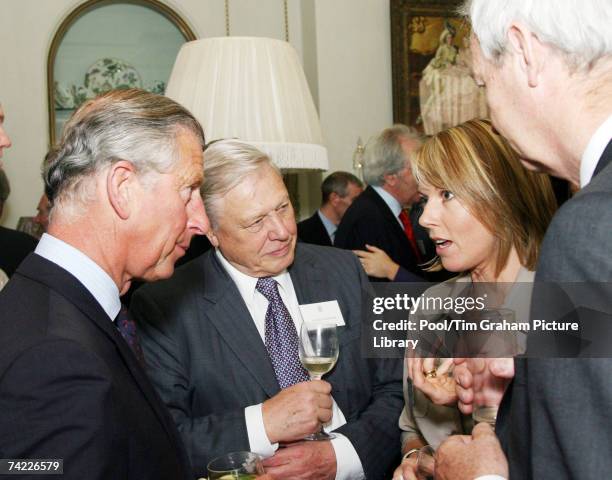 Prince Charles, Prince of Wales with Sir David Attenborough, Mary Nightingale and Jon Snow at a reception for the Royal Television Society at...