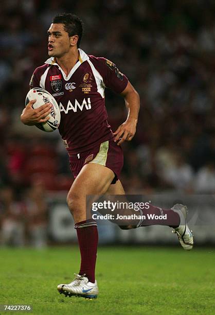 Karmichael Hunt of the Maroons in action during game one of the State of Origin series between the Queensland Maroons and the New South Wales Blues...