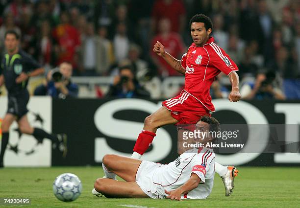 Jermaine Pennant of Liverpool shoots past the outstretched Paolo Maldini of Milan during the UEFA Champions League Final match between Liverpool and...