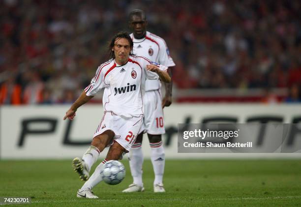 Andrea Pirlo of Milan takes the free kick, that lead to teammate Filippo Inzaghi scoring the opening goal during the UEFA Champions League Final...