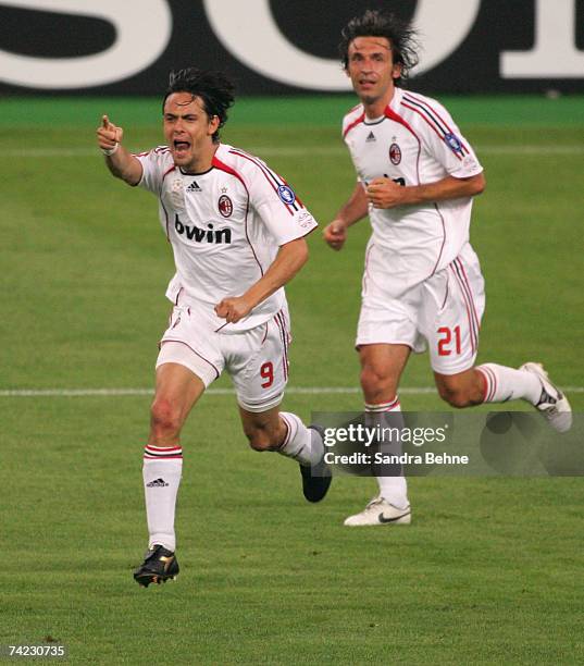 Filippo Inzaghi of Milan celebrates with teammate Andrea Pirlo after scoring the opening goal during the UEFA Champions League Final match between...