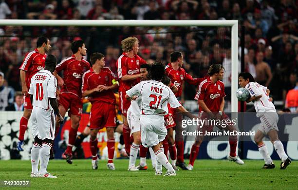 Filippo Inzaghi of Milan deflects the ball into the net to score the opening goal during the UEFA Champions League Final match between Liverpool and...