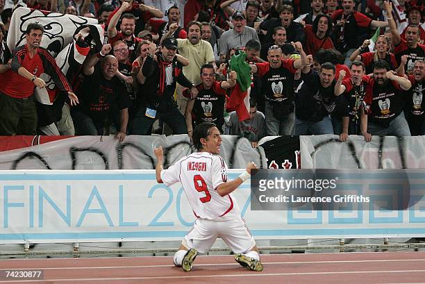 Filippo Inzaghi of Milan celebrates in front of the fans after scoring the opening goal during the UEFA Champions League Final match between...