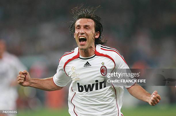 Milan's midfielder Andrea Pirlo jubilates after the first goal during the Champions League final football match against Liverpool, at the Olympic...