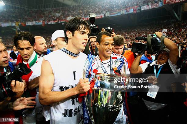 Kaka and Cafu of Milan celebrate with the trophy during the UEFA Champions League Final match between Liverpool and AC Milan at the Olympic Stadium...