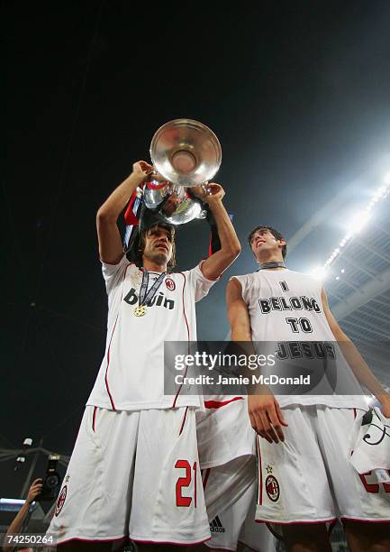 Andrea Pirlo and Kaka of Milan celebtrate with the trophy during the UEFA Champions League Final match between Liverpool and AC Milan at the Olympic...