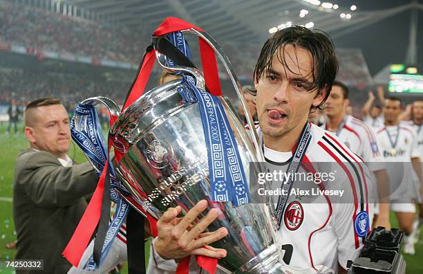 Double goalscorer Filippo Inzaghi of Milan celebrates with the trophy following his teams 2-1 victory during the UEFA Champions League Final match...