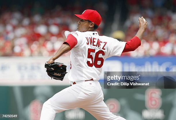 Kelvin Jimenez of the St. Louis Cardinals throws against the Houston Astros on May 5, 2007 at Busch Stadium in St. Louis, Missouri. The Astros beat...