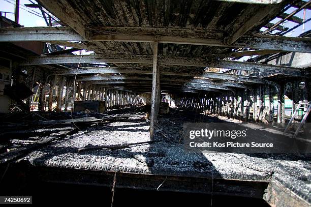 First pictures of the fire-damaged decks of the Cutty Sark in Greenwich on May 23, 2007 in London, England. The Cutty Sark is the world's last...
