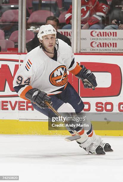 Ryan Smyth of the New York Islanders skates against the New Jersey Devils during their NHL game at the Continental Airlines Arena on April 8, 2007 in...