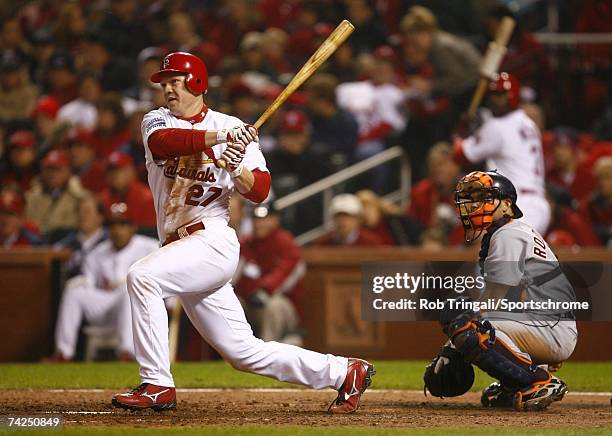 Infielder Scott Rolen of the St. Louis Cardinals bats against the Detroit Tigers in Game Four of the 2006 World Series on October 26, 2006 at Busch...