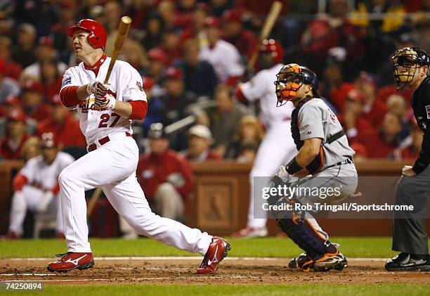 Infielder Scott Rolen of the St. Louis Cardinals bats against the Detroit Tigers in Game Four of the 2006 World Series on October 26, 2006 at Busch...