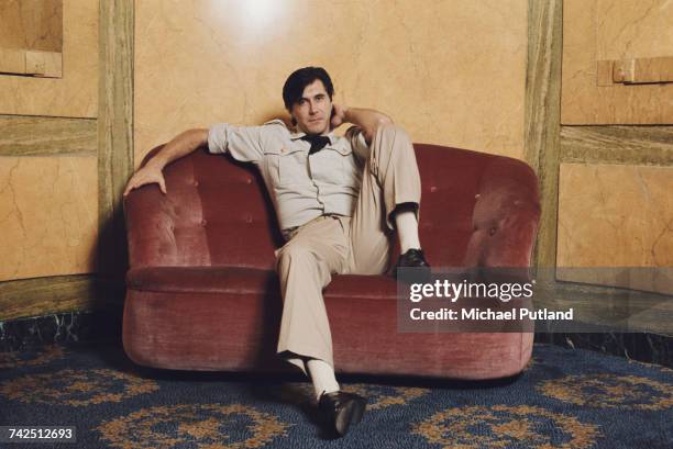 English musician and lead singer of Roxy Music, Bryan Ferry pictured in military style costume at the Montcalm Hotel, London, 31st October 1975....