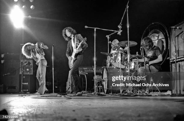 Rock band 'Led Zeppelin' performs onstage at the Forum on June 3, 1973 in Los Angeles, California. Robert Plant, John Paul Jones, Jimmy Page, John...