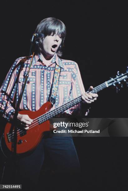 English singer-songwriter and musician, Nick Lowe performs live on stage with Rockpile in New York, August 1979. Lowe plays a Hamer 8 string bass...