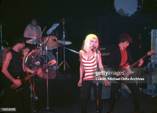 Singer Debbie Harry of the New Wave pop band 'Blondie' performs onstage in April 1977 in Los Angeles, California.