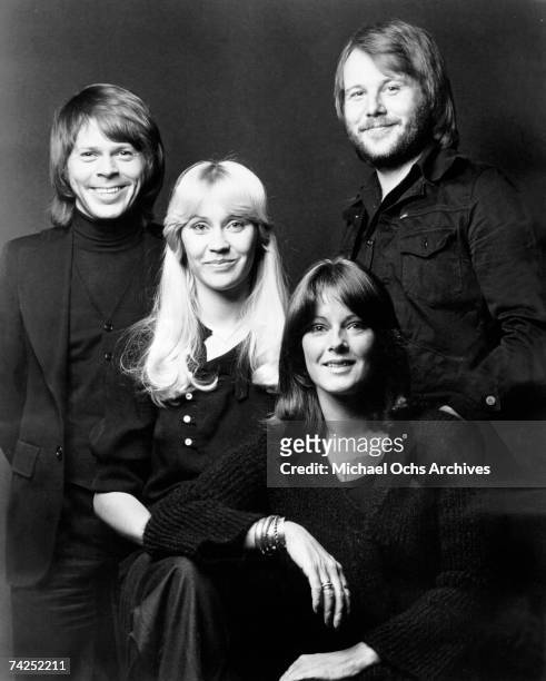 Björn Ulvaeus , Agnetha Fältskog , Anni-Frid Lyngstad, Benny Andersson of pop group Abba pose for a ABBA pose for a portrait circa 1980.