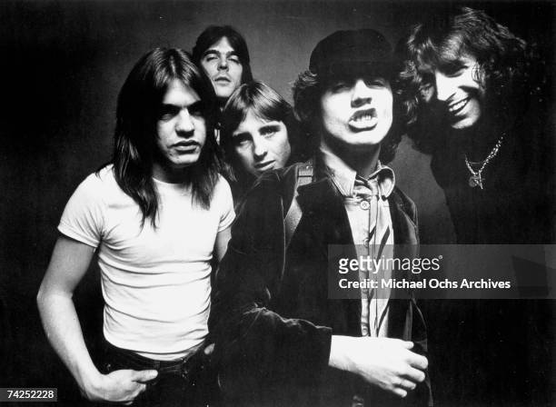 Australian rock band AC/DC pose for an Atlantic Records publicity Photo for the cover session for the album Highway to Hell in 1979.