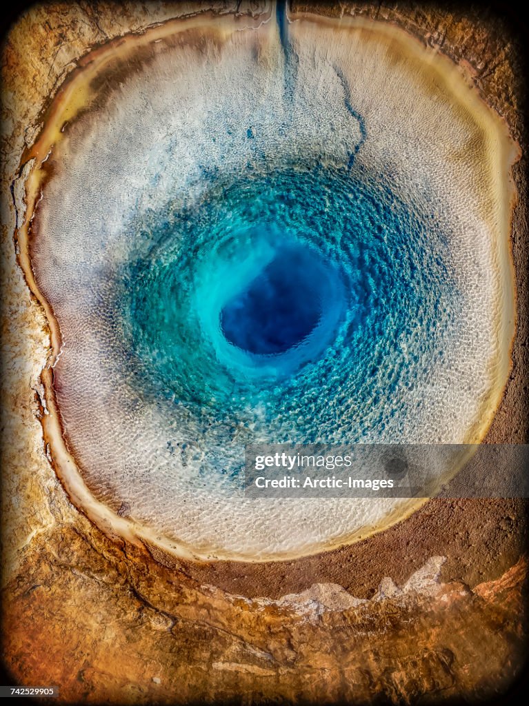 Top view of Strokkur Geyser prior to erupting, Iceland. This image is shot with a drone.