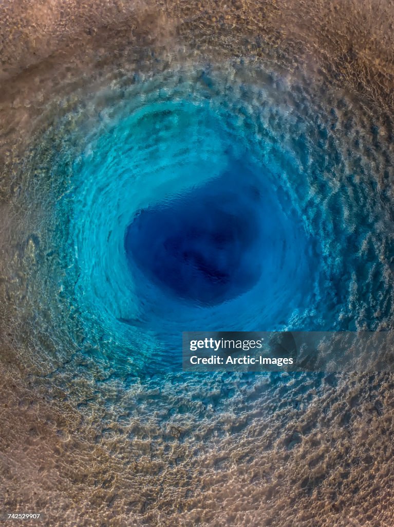 Top view of Strokkur Geyser prior to erupting, Iceland. This image is shot with a drone. 