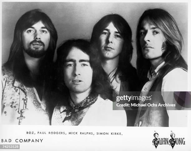 Boz Burrell, Paul Rodgers, Mick Ralphs and Simon Kirke of the rock band "Bad Company" pose for a portrait in circa 1973.