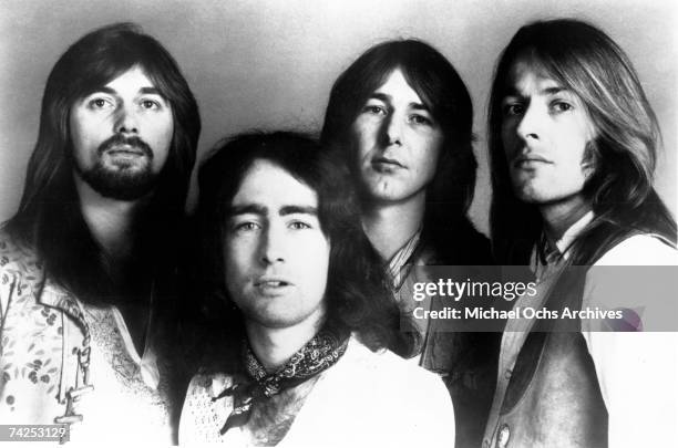 Boz Burrell, Paul Rodgers, Mick Ralphs and Simon Kirke of the rock band "Bad Company" pose for a portrait in circa 1973.