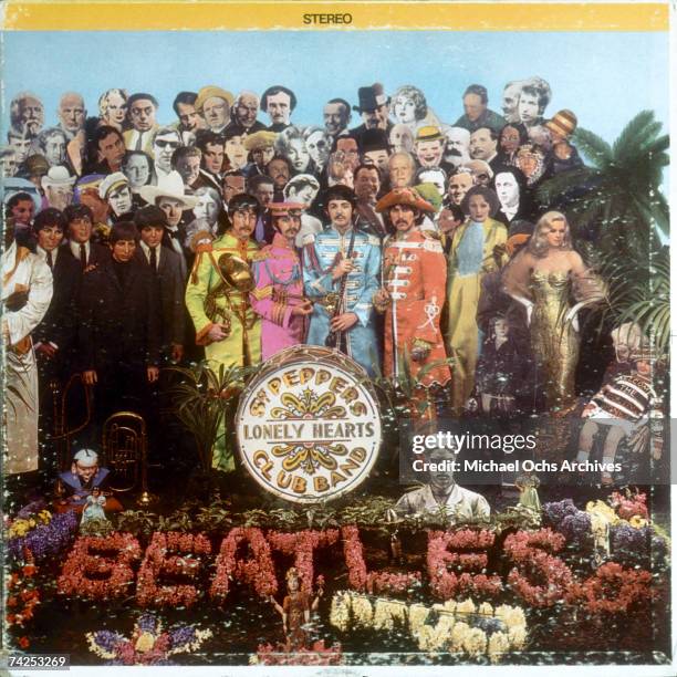 Album cover designed by art director Robert Fraser for rock and roll band "The Beatles" album entitled "Sgt. Pepper's Lonely Hearts Club Band" which...