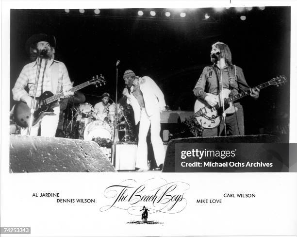 Rock and roll band "The Beach Boys" perform onstage in June 1976. Al Jardine, Dennis Wilson, Mike Love, Carl Wilson.