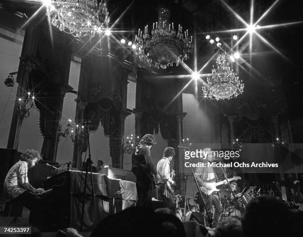 Richard Manuel, Rick Danko, Robbie Robertson and Bob Dylan perform onstage for the rock and roll group 'The Band's' 'The Last Waltz' concert at...