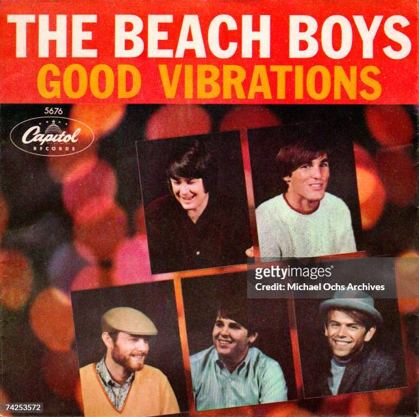 Album cover for the rock and roll band "The Beach Boys" record "Good Vibrations" which released on October 22, 1966. Clockwise from top left: Brian...