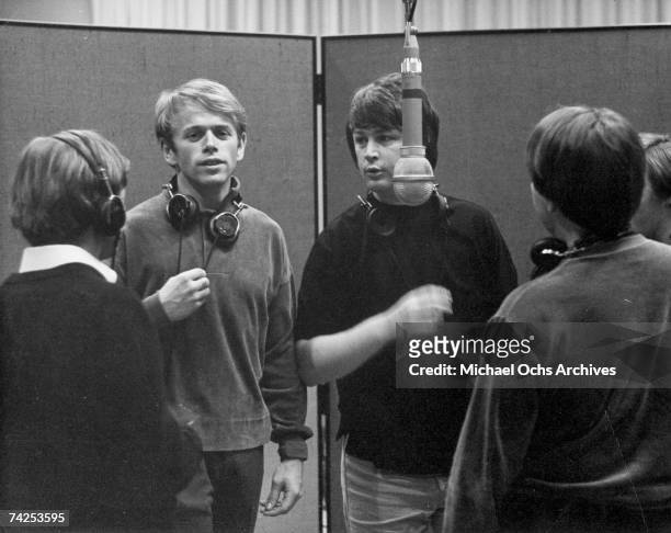 Al Jardine and Brian Wilson of the rock and roll band The Beach Boys recording 'Pet Sounds' at Western Recorders studios in the Spring of 1966 in Los...