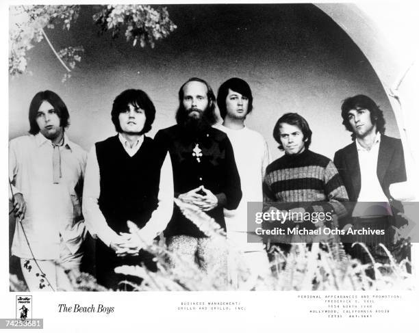 Rock and roll band "The Beach Boys" pose for a portrait in 1969. Carl Wilson, Bruce Johnston, Mike Love, Brian Wilson, Al Jardine, Dennis Wilson.