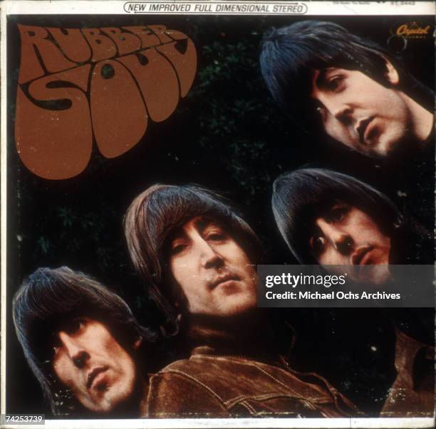 Album cover for rock and roll band "The Beatles" album entitled "Rubber Soul" which was released on December 3, 1965. George Harrison, John Lennon,...